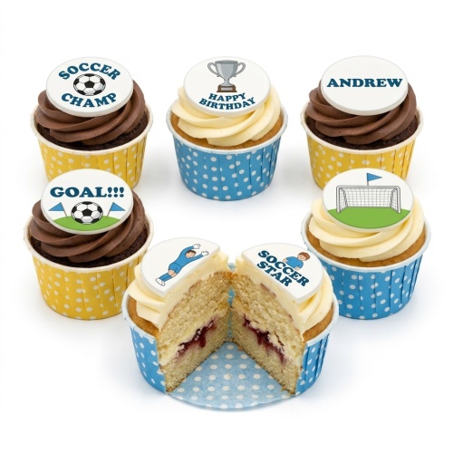 Assortment of football theme birthday cupcakes with edible toppers, chocolate and vanilla frosting