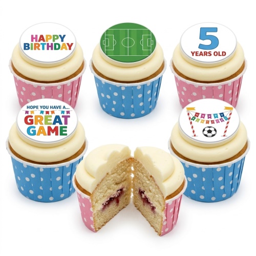 Football themed birthday cupcakes with white frosting, football pitch, and custom age toppers.