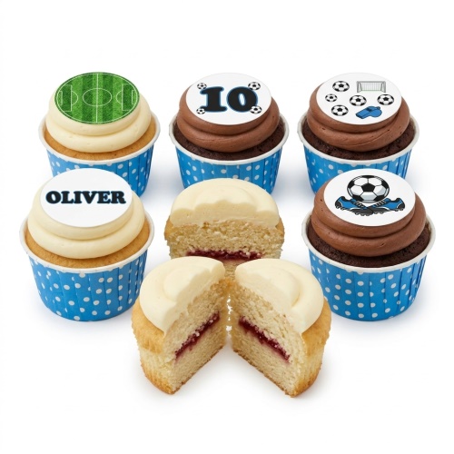 Six football themed cupcakes with custom age and name toppers, in blue polka dot cases.