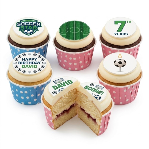 Selection of football themed birthday cupcakes with various edible toppers including a football pitch, 'Soccer Star' logo, football candle, and custom age topper.