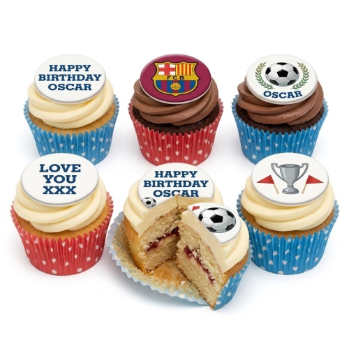 Set of six FC Barcelona themed cupcakes with footballs, trophy, and custom message toppers.