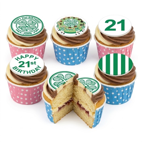 Celtic football themed birthday cupcakes with green and white designs and custom age toppers.