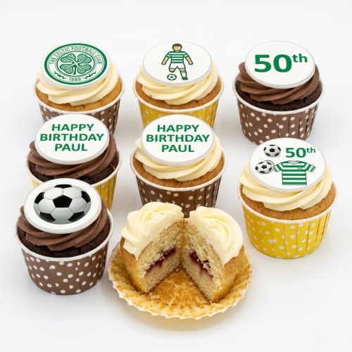 Celtic FC themed cupcakes with club logo, football player, footballs, and custom age/message toppers.