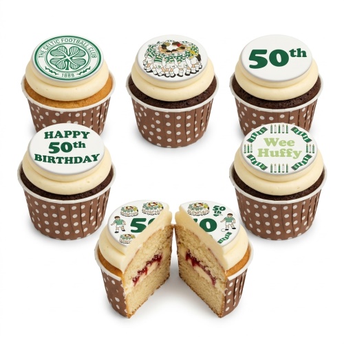 Celtic Football Club themed cupcakes with green and white toppers, including club logo, football players, a scarf, custom age topper, and personalised message.