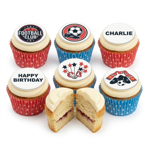 Football themed cupcakes with various toppers, including a football club logo, boot, scarf, and 'Happy Birthday' message.