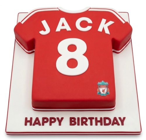 Red football shirt birthday cake with Liverpool FC crest, custom name, and age.