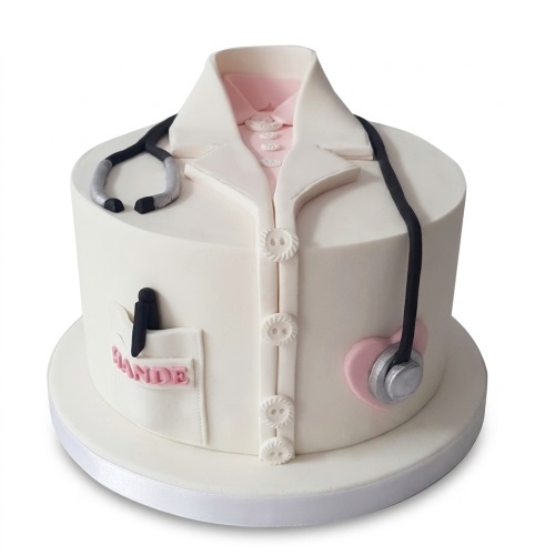 Round white doctor's coat cake with pink shirt, stethoscope, pen, and custom name on pocket.