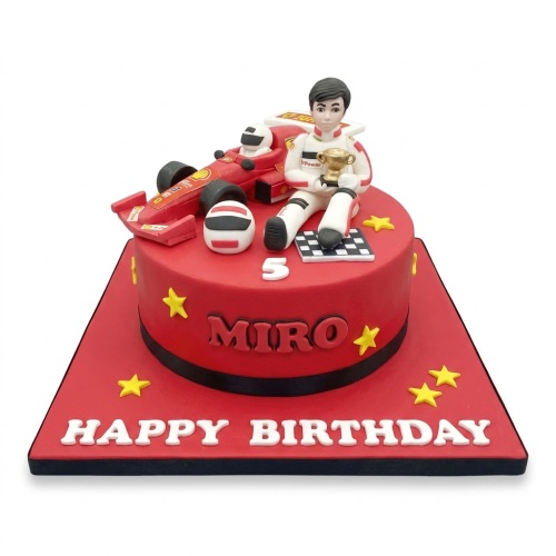 Red racing car and driver birthday cake with custom age topper and yellow stars.
