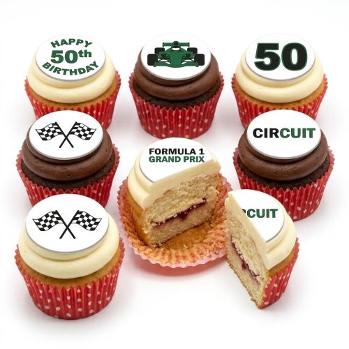 Formula 1 themed cupcakes with F1 cars, checkered flags, and custom age toppers on white and chocolate icing.