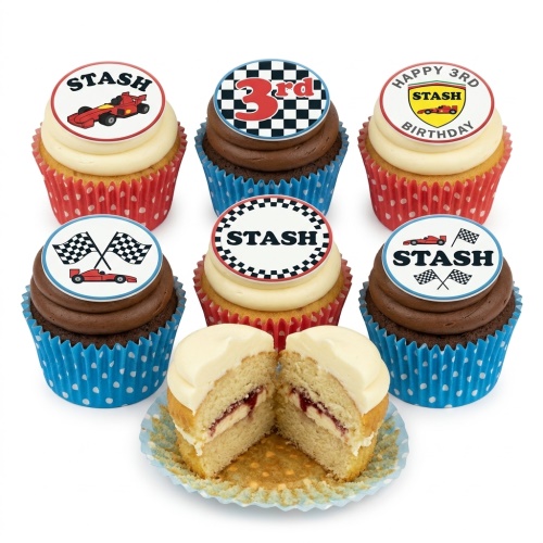 Cupcakes with racing car and checkered flag toppers, some with custom age and message examples.