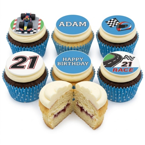 Set of racing theme cupcakes with car, helmet, track, and custom age toppers on white icing.