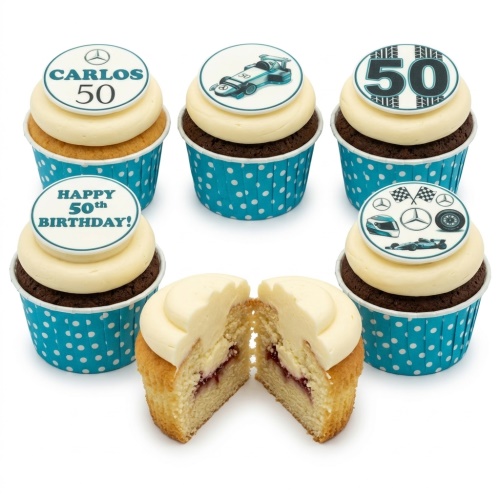 Formula 1 racing themed cupcakes with custom age and car toppers, in blue polka dot cases.