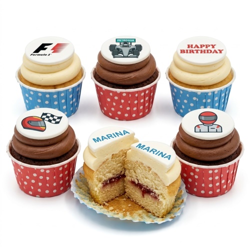 Formula 1 themed birthday cupcakes with racing car, helmet, and F1 logo toppers, some with personalised name.