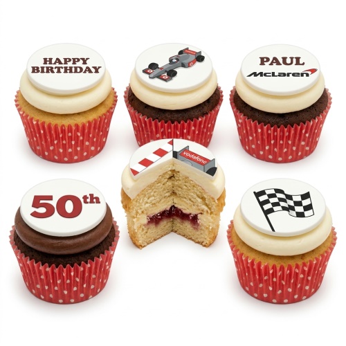 Six racing-themed cupcakes with F1 car, checkered flag, 'Happy Birthday', and '50th' toppers.
