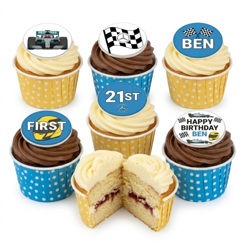 Formula 1 racing cupcakes with F1 car, chequered flag, helmet, and custom age toppers.