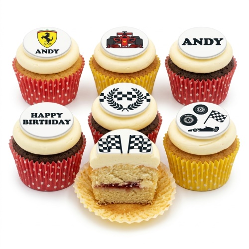 Set of Formula 1 racing themed cupcakes with F1 cars, racing flags, and laurel wreath toppers on cream frosting.