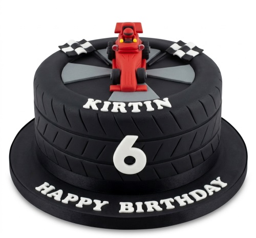 Black racing car birthday cake with red F1 car, checkered flags, and custom age topper.