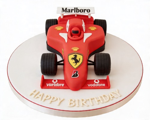 3D red Ferrari Formula 1 racing car birthday cake with 'Happy Birthday' message
