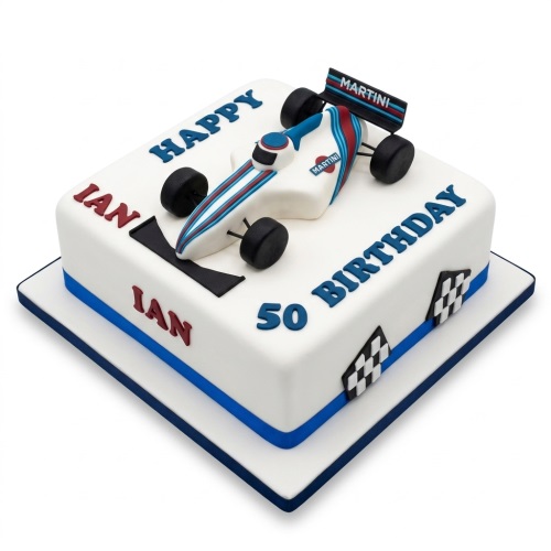 White square birthday cake with a 3D Formula One racing car, checkered flags, and custom age text.