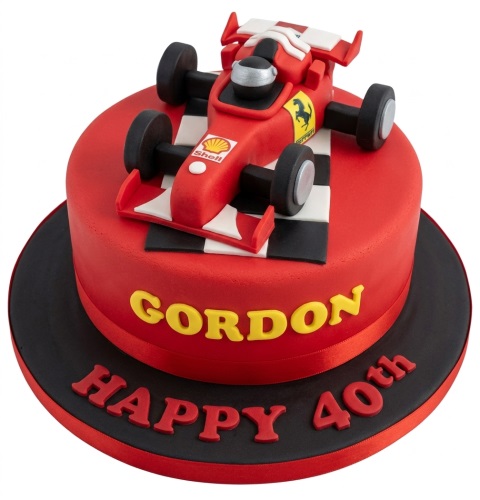 Red Formula 1 racing car birthday cake with checkered flag, personalised name, and custom age message.