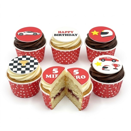 Six racing car themed cupcakes with custom age topper, checkered flag, and racing helmet decorations.