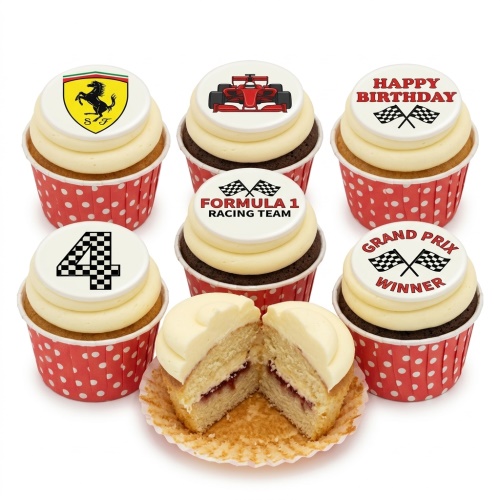 Formula 1 themed cupcakes with racing cars, Ferrari logo, checkered flags, and a custom age topper.