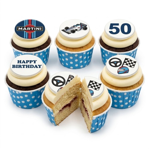 Cupcakes with racing car, helmet, steering wheel, checkered flag, and Martini-style logo toppers, with a 'Happy Birthday' message.