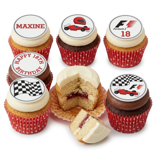 A selection of Formula 1 racing themed birthday cupcakes with custom age and name toppers, featuring red F1 cars, helmets, and chequered flags.