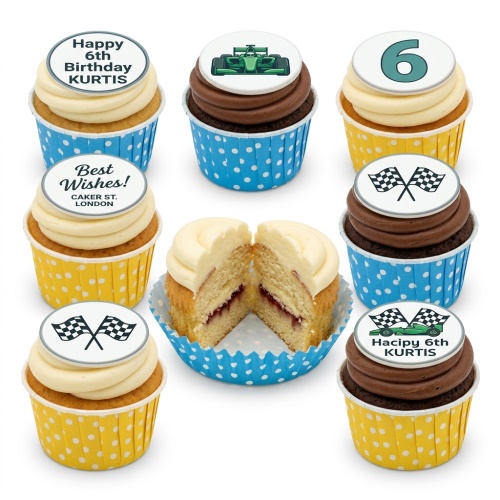 Vanilla and chocolate cupcakes with racing car, checkered flag, and custom age toppers.