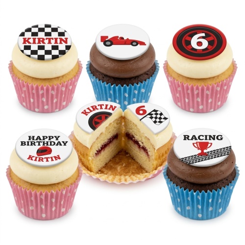Six racing themed cupcakes with checkered flags, red race car, helmet, trophy, and custom age and name toppers.