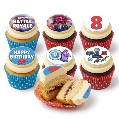 Fortnite themed cupcakes with game character and item toppers, custom age, and "Happy Birthday" message.