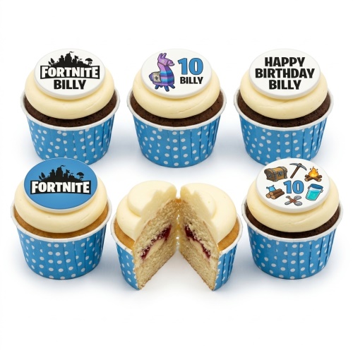 Fortnite themed birthday cupcakes with game item and logo toppers, featuring custom age and name examples.