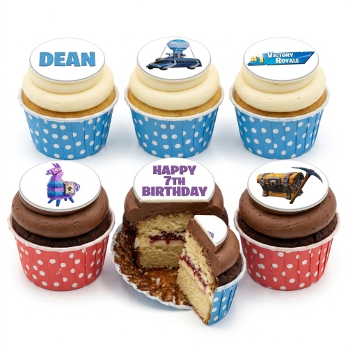 Fortnite themed cupcakes with Battle Bus, Llama, Victory Royale, and treasure chest toppers.