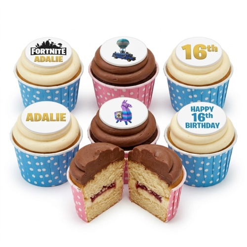 Fortnite themed cupcakes with game logo, Battle Bus, and Llama toppers, with custom age and name examples.