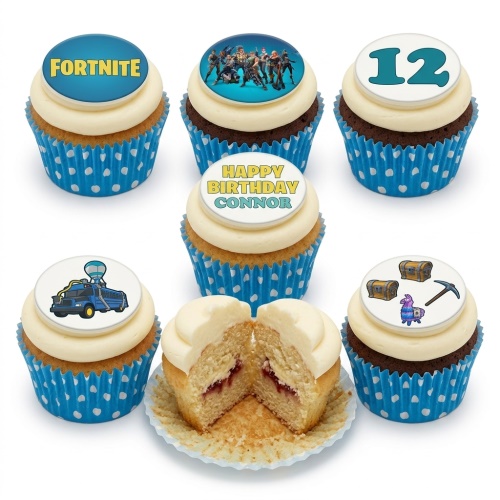Fortnite themed cupcakes with edible toppers, featuring game logo, characters, battle bus, llama, and treasure chests, with custom age and name examples.