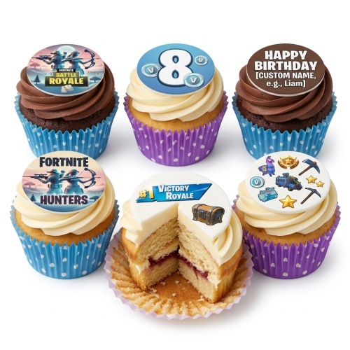Selection of Fortnite themed cupcakes with various game designs, custom age topper, and personalised message example.