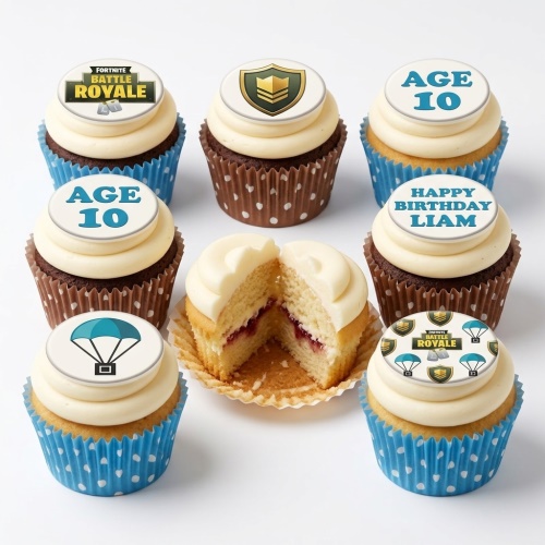 Fortnite Battle Royale themed cupcakes with shield, parachute, and logo toppers, with custom age and personalised message examples.