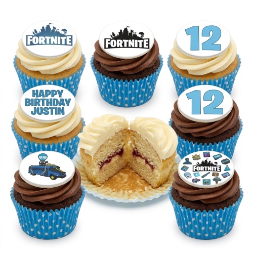 Selection of Fortnite themed cupcakes with white and chocolate frosting, blue polka dot cases, and edible toppers including Fortnite logo, Battle Bus, game items, and custom age number.