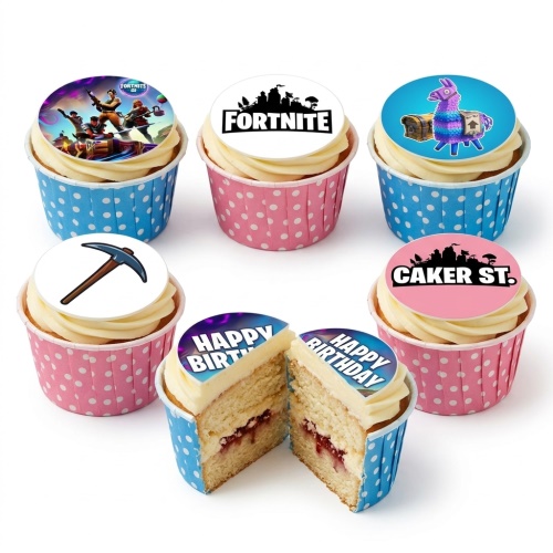 Fortnite themed cupcakes with game character, logo, llama, and pickaxe toppers, in blue and pink polka dot cases.