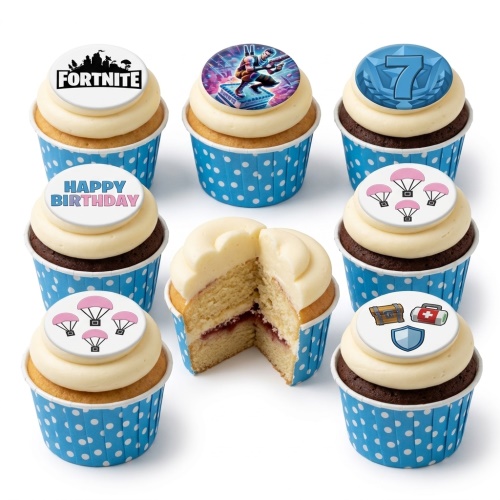 Fortnite themed cupcakes with game logo, character, number 7, parachutes, and game items on white icing in blue polka dot cases.