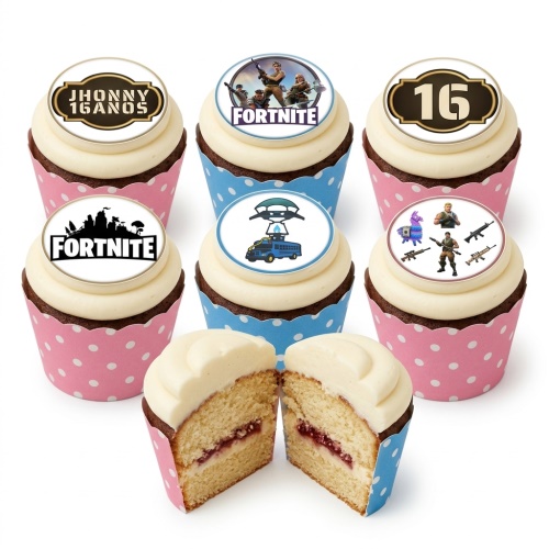Fortnite themed cupcakes with various game character and logo toppers, some with custom age and name examples