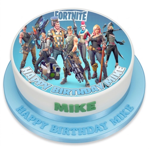 Round Fortnite themed birthday cake with multiple game characters and a custom name banner.