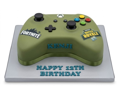 Olive green Xbox controller shaped cake with Fortnite logos and customisable text.