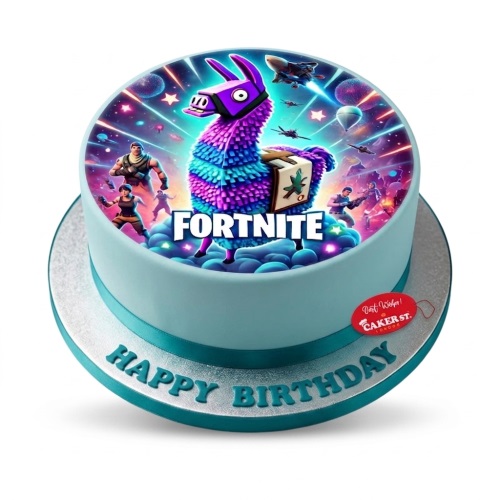 Round light blue cake with a colourful Fortnite Llama Pinata and character edible image topper.