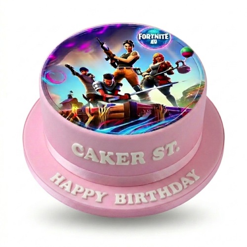 Round pink fondant cake with a vibrant edible image of Fortnite characters and a 'Happy Birthday' message.