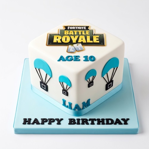 White square Fortnite Battle Royale birthday cake with blue parachutes and custom age.