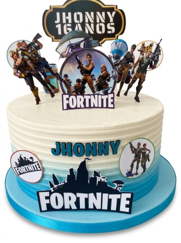 Round Fortnite themed birthday cake with character toppers and ombre blue frosting, featuring a custom age and name.