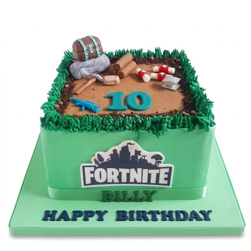 Square green Fortnite themed birthday cake with game items and custom age topper.