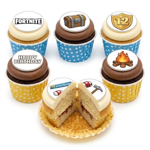 Fortnite themed cupcakes with game elements like a logo, chest, shield, campfire, and pickaxe, with a 'Happy Birthday' message.