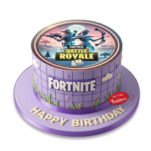 Round purple Fortnite Battle Royale birthday cake with an edible image of characters and the Fortnite logo on the side, with 'Happy Birthday' on the board.